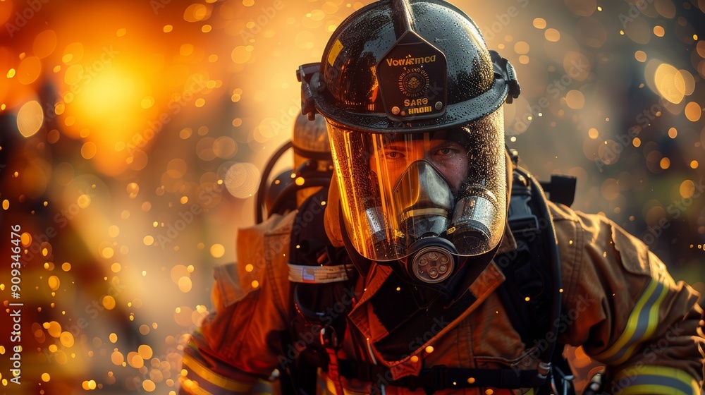 Brave Firefighter Battling Intense Flames During Nighttime Rescue Operation in Urban Area Brave Firefighter Battling Intense Flames During Nighttime Rescue Operation in Urban Area