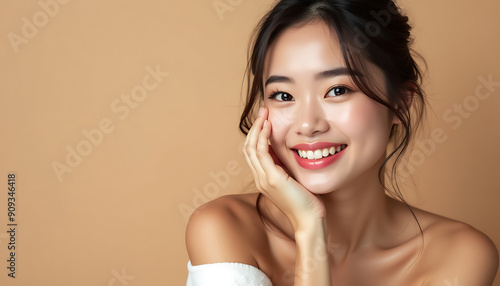 Beauty portrait of a model Japanese woman with beautiful white skin through skin care	
