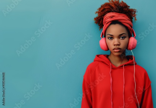 Young Woman With Headphones Posing Against Blue Wall in Urban Environment
