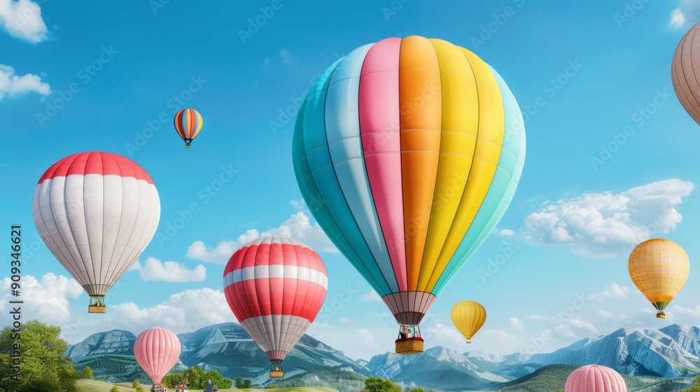 Fototapeta premium An Oktoberfest in a hot air balloon festival, with guests enjoying beer and snacks while floating above colorful balloons and scenic landscapes 