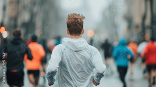 Runner Participating in a City Marathon on a Rainy Day