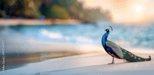 Peacock Strolling Along the Shoreline at Sunset on a Tropical Beach