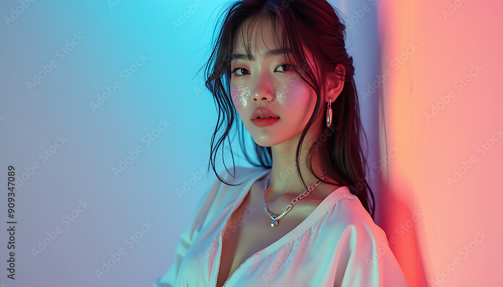Young pretty Asian woman with glitter make-up wearing sporty fashion, white clothes, model posing isolated on a colorful modern pink and blue background, k-pop style Young pretty Asian woman with glitter make-up wearing sporty fashion, white clothes, model posing isolated on a colorful modern pink and blue background, k-pop style
