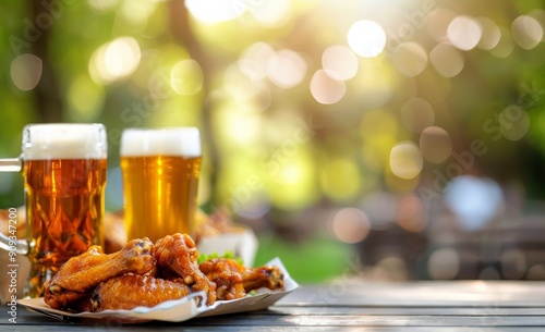 Golden Beer and Savory Chicken Wings at an Outdoor Gathering in Summer Sunshine