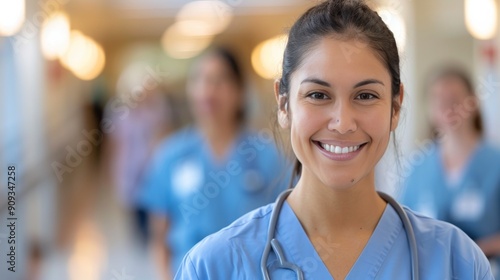 Smiling Female Healthcare Worker in Blue Scrubs With Stethoscope in Medical F...
