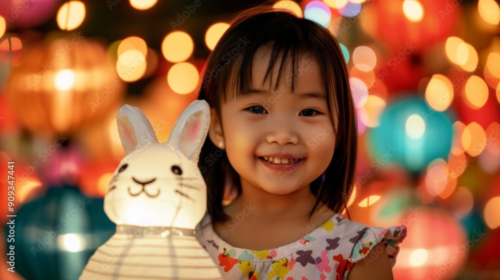 Closeup of a child holding a rabbit-shaped lantern, smiling and surrounded by colorful lanterns during the Harvest Moon Festival Closeup of a child holding a rabbit-shaped lantern, smiling and surrounded by colorful lanterns during the Harvest Moon Festival