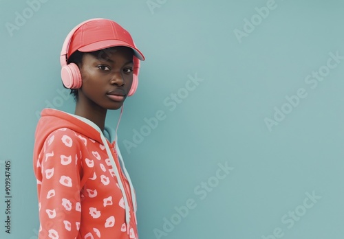 Young Person Wearing Pink Headphones and Cap Against a Blue Background