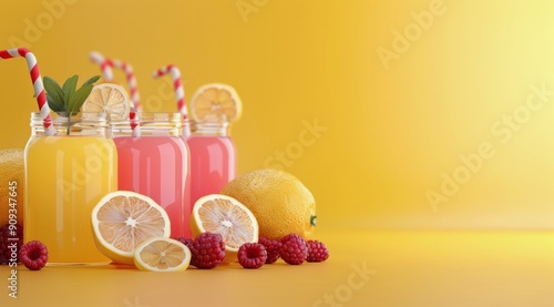 Refreshing Homemade Lemonade and Raspberry Drinks on Yellow Background