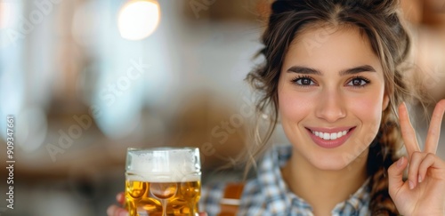 Young Woman Smiling While Holding Beer in Trendy Cafe During Evening Gatherings