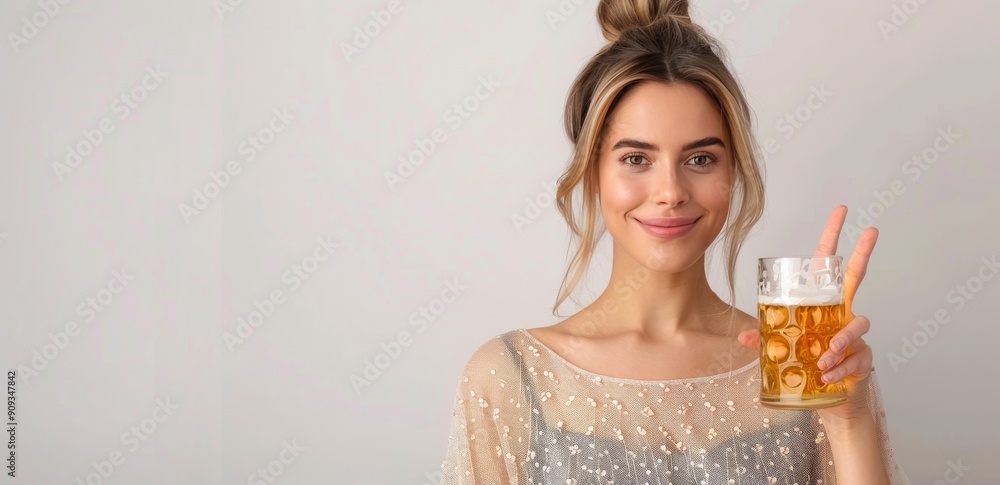 Φωτογραφία Cheerful Young Woman Enjoying Beer Against Neutral Wall in Casual Outfit