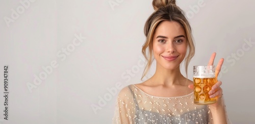 Cheerful Young Woman Enjoying Beer Against Neutral Wall in Casual Outfit