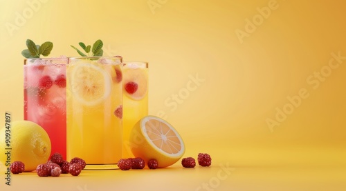 Refreshing Homemade Lemonade and Raspberry Drinks on Yellow Background