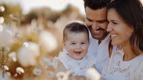 Happy Family With Newborn Baby in Bright Living Room