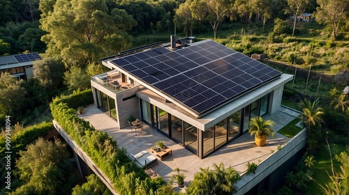 autonomous house with solar panels on the roof. renewable energies concept photo