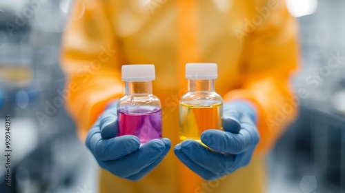 Scientist Holding Test Tubes With Colored Solutions in Laboratory Setting