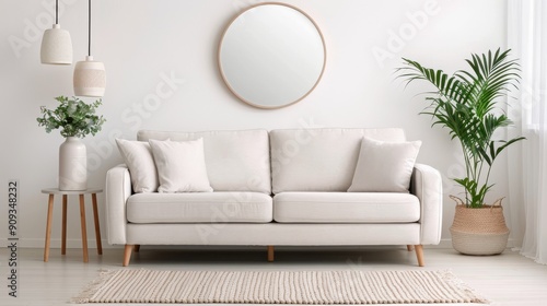 Modern Living Room With White Sofa  Green Plant  And Bright Natural Light