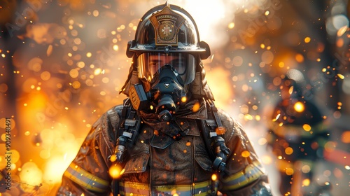 Brave Firefighter Battling Intense Flames During Daytime Rescue Operation in Urban Environment photo