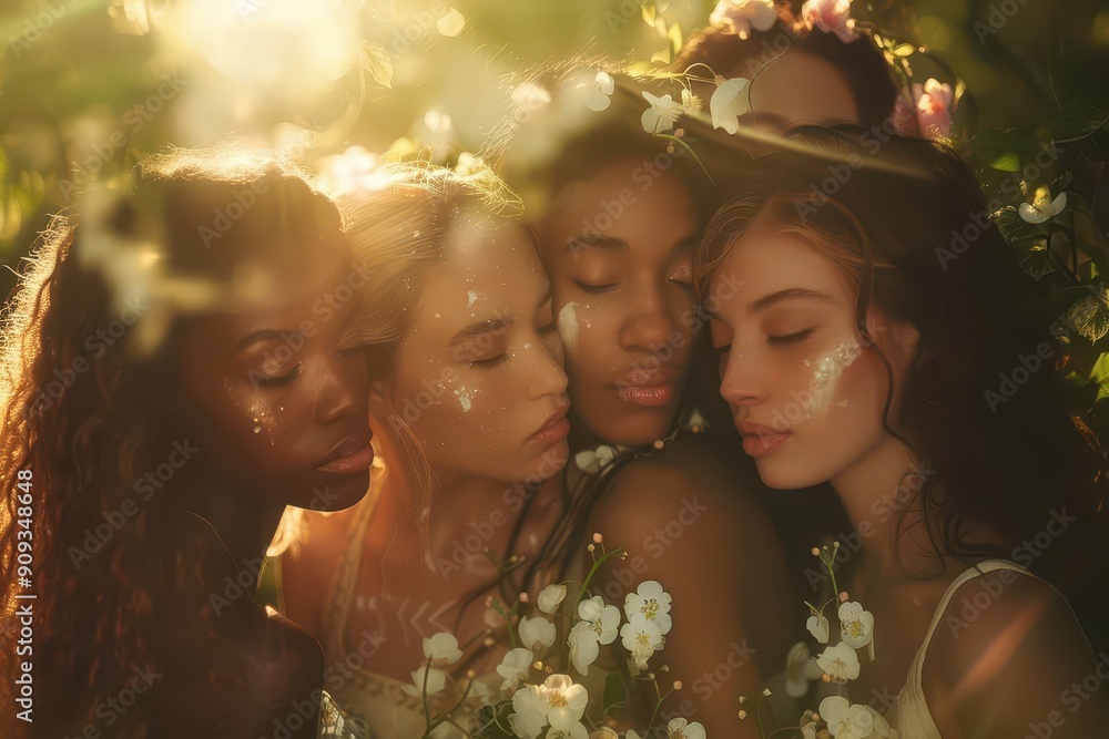 diverse group of women with radiant skin in a dreamy ethereal garden setting soft diffused light accentuates their natural beauty and varied features diverse group of women with radiant skin in a dreamy ethereal garden setting soft diffused light accentuates their natural beauty and varied features
