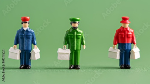 Isolated on gradient background, vintage Christmas ornaments of mail carriers with tiny mailbags and letters 