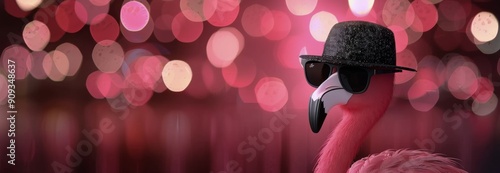 Flamingo in Sunglasses and Hat Against Colorful Background at Night