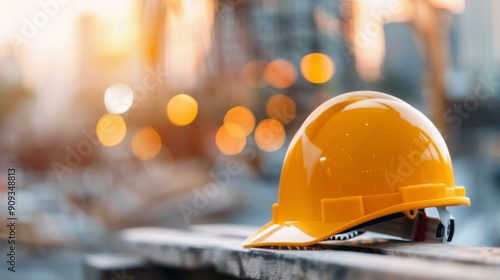 Construction Site Yellow Hard Hat at Sunset With Blurred City Background