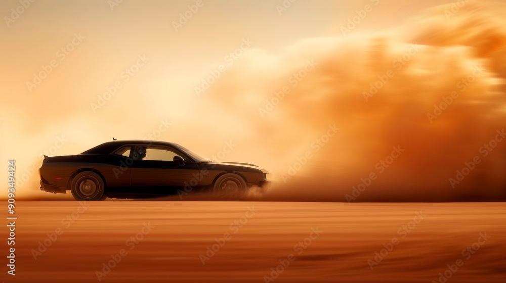 Side view of a car speeding through a vast desert as a dust storm begins to engulf the area Side view of a car speeding through a vast desert as a dust storm begins to engulf the area