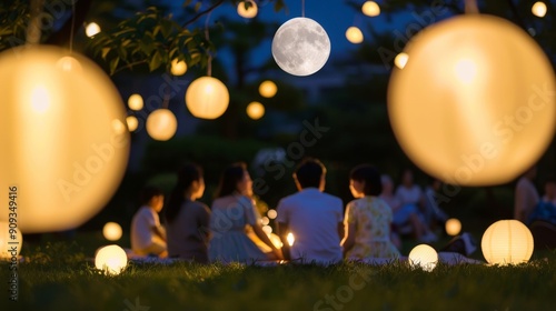 Scenic view of families gathered in a park, enjoying a picnic under the full moon with lanterns illuminating the Harvest Moon Festival 