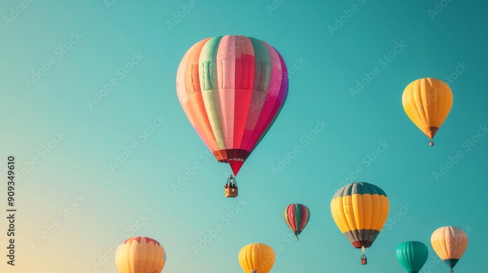 Obraz premium Vivid hues of hot air balloons punctuate the dawn sky at the Albuquerque International Balloon Fiesta creating a breathtaking spectacle against a gradient background 