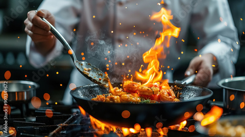 Fototapeta Naklejka Na Ścianę i Meble -  Chef cooking dish stir fry shrimp with flame in frying pan on kitchen stove in restaurant.