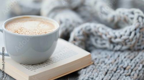Cozy Autumn Moment With Hot Beverage, Knitted Blanket, and Leaves on a Table