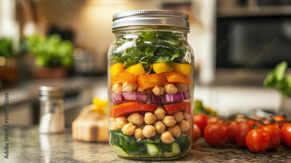 A clean kitchen counter with a mason jar salad, layers of fresh vegetables, chickpeas, and a light dressing A clean kitchen counter with a mason jar salad, layers of fresh vegetables, chickpeas, and a light dressing