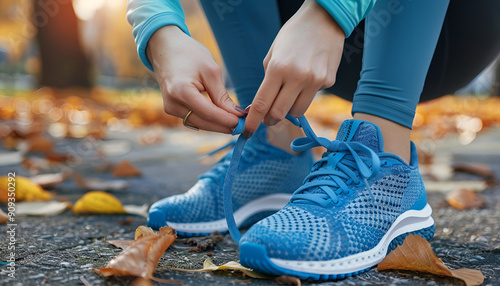 Woman tying shoelaces before training outdoors, closeup