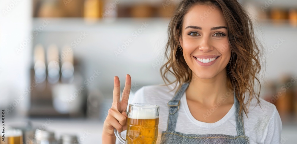 Smiling Bartender Serving Refreshing Beer in a Cozy Bar Interior Smiling Bartender Serving Refreshing Beer in a Cozy Bar Interior