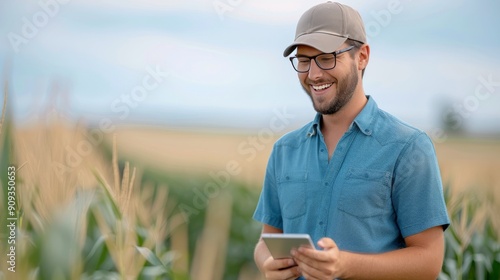 Farmer Using Tablet in Cornfield During Golden Hour Light