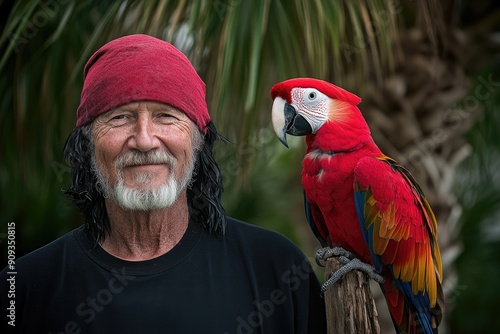 Man with Pet Parrot in Tropical Setting - Exotic Bird and Owner Outdoors photo