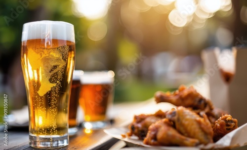 Golden Beer and Savory Chicken Wings at an Outdoor Gathering in Summer Sunshine