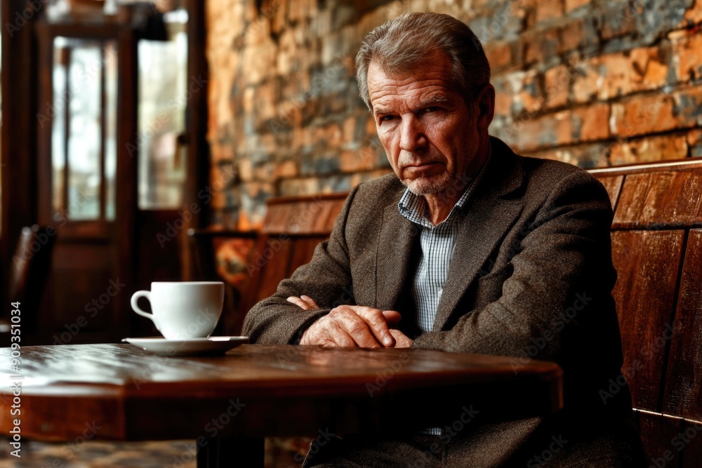 Senior Man in Cafe with Coffee Cup, Moody Expression, Vintage Interior, Brown Suit Senior Man in Cafe with Coffee Cup, Moody Expression, Vintage Interior, Brown Suit