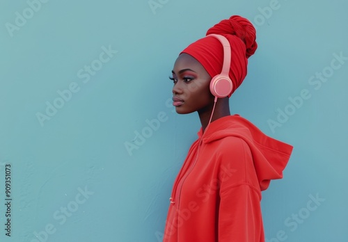 Young Woman With Headphones Posing Against Blue Wall in Urban Environment