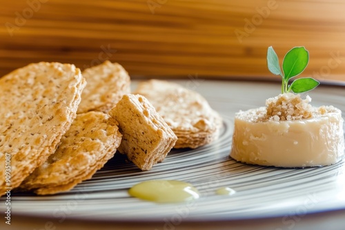 Gourmet Cheese Platter with Artisan Crackers and Garnish on Stylish Plate photo