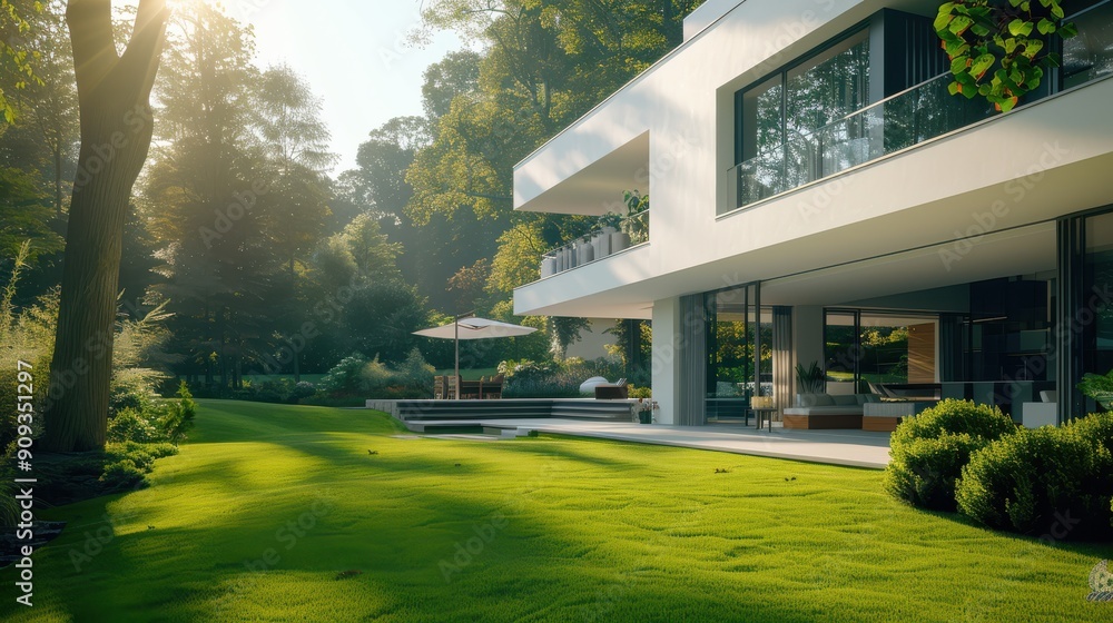 Modern House Surrounded by Lush Greenery on a Sunny Afternoon in a Peaceful Landscape Modern House Surrounded by Lush Greenery on a Sunny Afternoon in a Peaceful Landscape