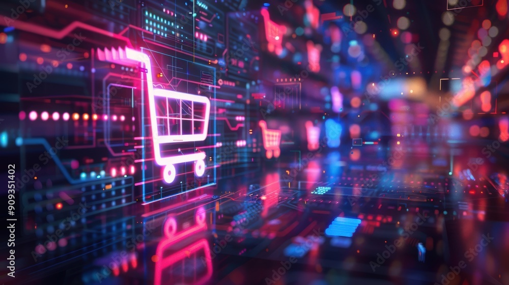 Vibrant 3D illustration of e-commerce innovation, showcasing a seamless online shopping experience with a digital retail concept, featuring futuristic elements and ample copy space Vibrant 3D illustration of e-commerce innovation, showcasing a seamless online shopping experience with a digital retail concept, featuring futuristic elements and ample copy space