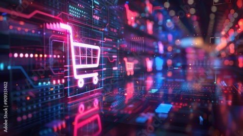 Vibrant 3D illustration of e-commerce innovation  showcasing a seamless online shopping experience with a digital retail concept  featuring futuristic elements and ample copy space