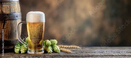 Craft Beer Glass With Foam Beside Hops And Barley Against A Wooden Barrel Bac...