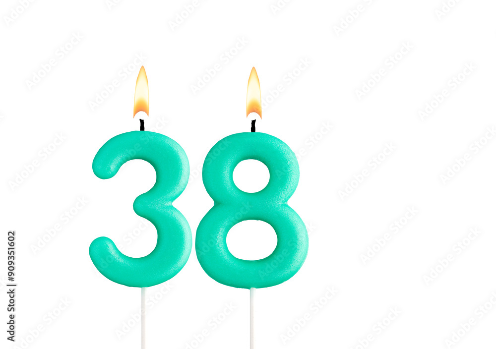 Green birthday candle on white background - Candle number 38 Green birthday candle on white background - Candle number 38
