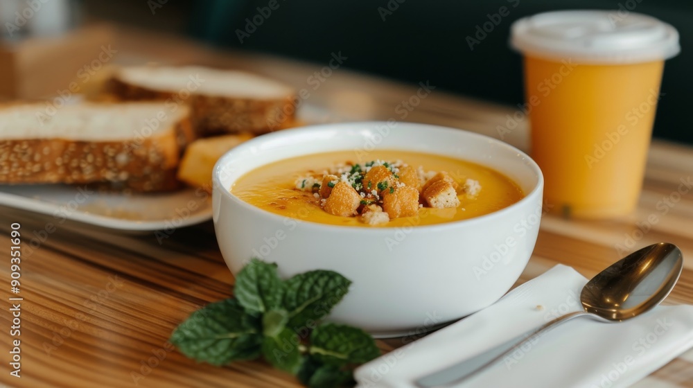 Creamy Pumpkin Soup Served With Fresh Bread and Juice at a Cozy Cafe Creamy Pumpkin Soup Served With Fresh Bread and Juice at a Cozy Cafe