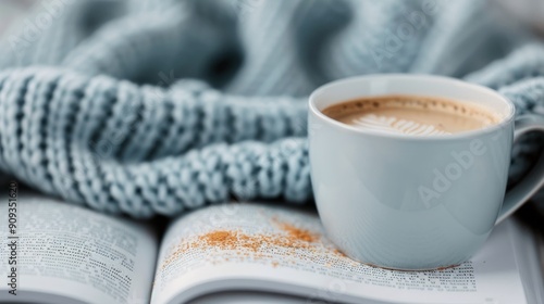 Cozy Autumn Moment With Hot Beverage, Knitted Blanket, and Leaves on a Table