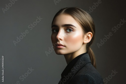 Portrait of Confident Young Woman with Slicked Back Hair and Professional Attire photo