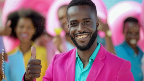 Man in Pink Suit Smiling and Posing in Busy Times Square During Daylight
