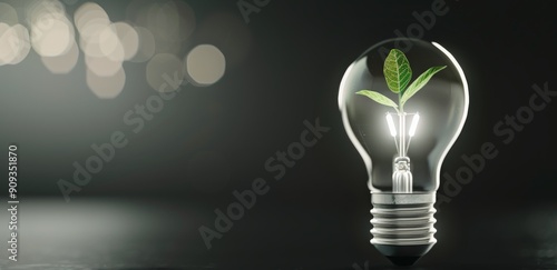 Light Bulb Containing Green Plant Growing in Soil on Dark Surface