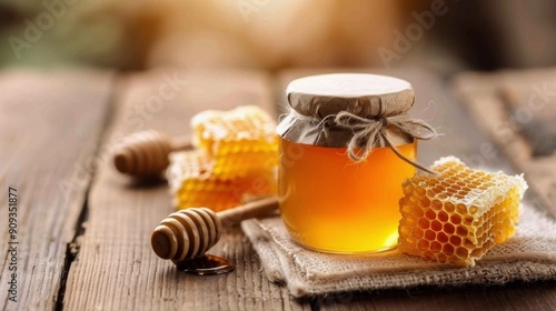 Golden Honey Jar With Honeycomb On Wooden Table In Soft Natural Light